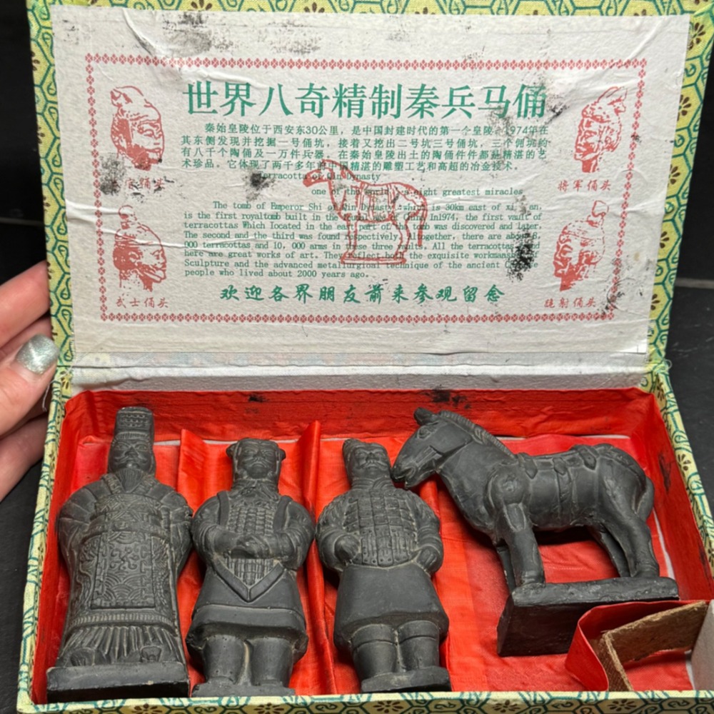 Vintage Chinese Terracotta Army Warrior and Horse Figurine Set with Display Box